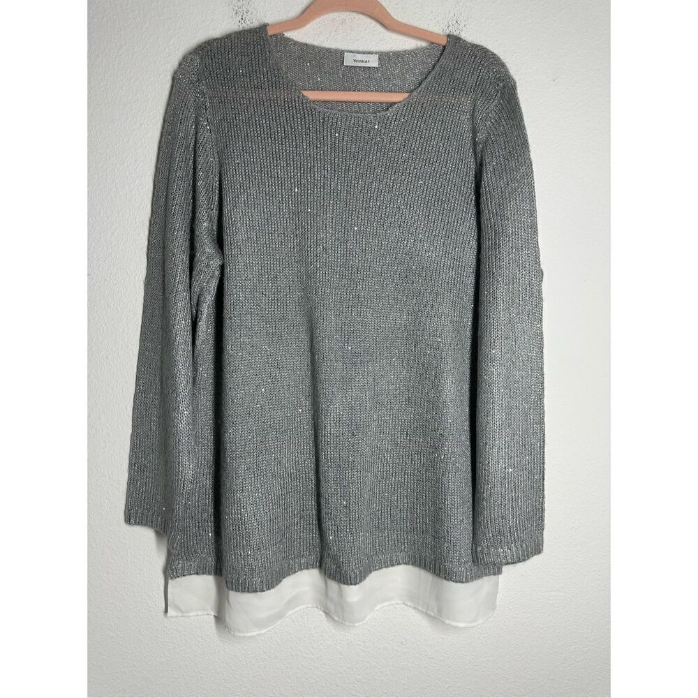 Jessica C&A Women’s Gray Silver Sweater Crewneck White Bottom Trim Size XL
